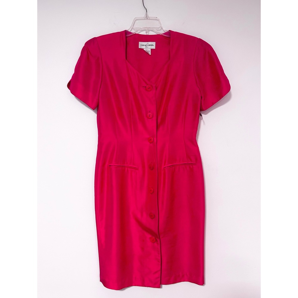Casual Corner Vintage 90s Red 100% Silk Button Front Sheath Dress Short Sleeve 4